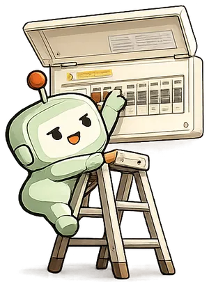 Beige mascot on a step-ladder checking a consumer unit