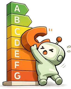 Beige mascot heaving a C up an energy rating scale