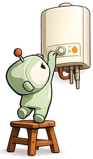Beige mascot on a stool checking a boiler