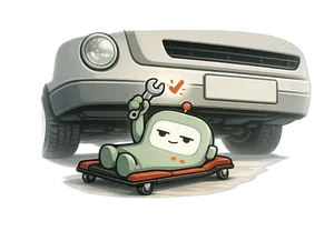 Beige mascot on a mechanic's creeper sliding under the front of a van, holding up a spanner